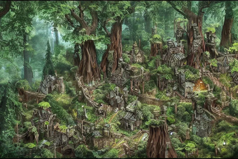 Prompt: a wood elf village suspended high in the redwood tree canopy, fantasy setting, dense vegetation, very detailed, d & d concept art, 4 k