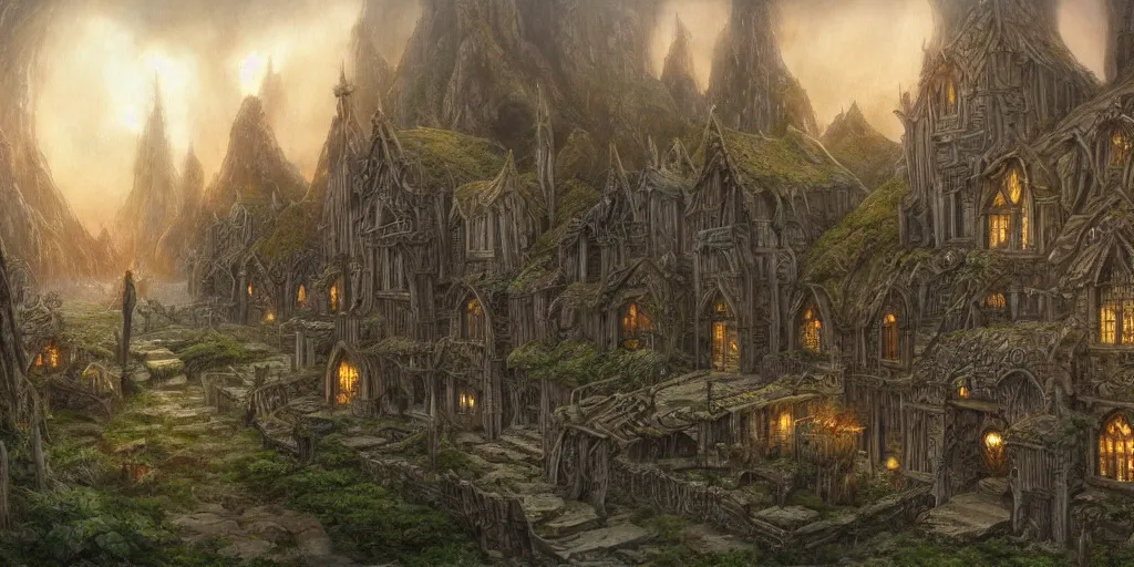 Prompt: elven town, art by john howe, alan lee, ted naismith, quinton hoover, j. r. r tolkien, lord of the rings, rpg, dungeons and dragons, elden ring, adventure, environment, smooth, sharp focus, deviantart, artstation