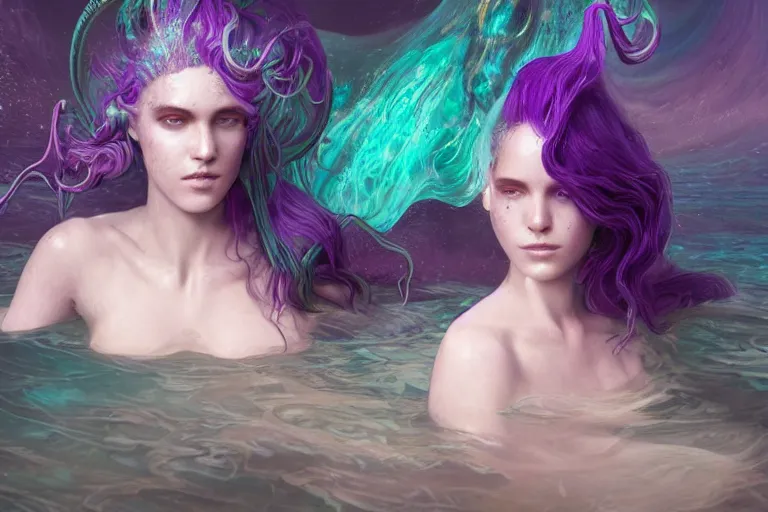 Prompt: tom bagshaw, ultra realist portrait waves miniatures underwater curiosities squids carnival, a single very beautiful enchantress long hairs in full underwater mermaid armor, symmetry accurate features, focus, very intricate ultrafine details, green purple aqua volumetric lights, award winning masterpiece, octane render 8 k hd