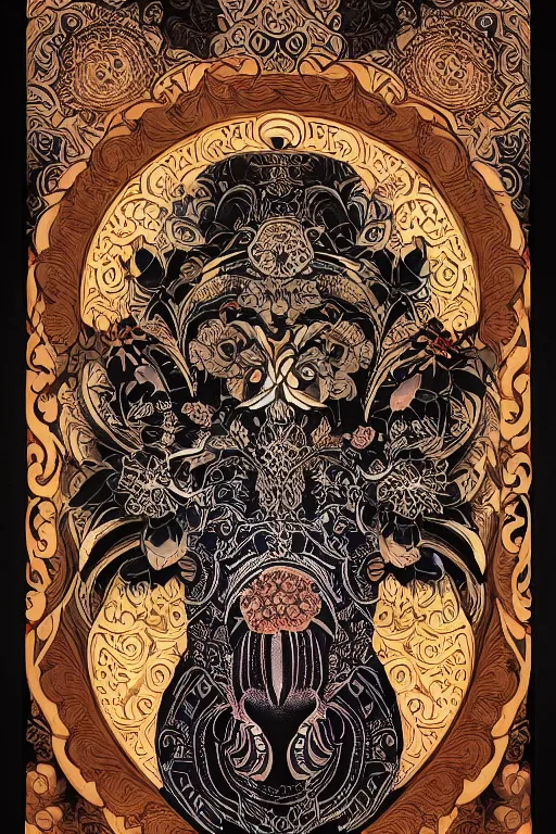 Image similar to Painted dark-wood panel relief carving of the close up of a Flowerpunk Pig, ornate border frame, explosion of colorful flowers, dark wood, intricately carved, black ink, festival of rich colors, intricate details, cinematic lighting, volumetric lighting, post-processing, art nouveau, tarot, fractal art, mandala, by andreas rocha and john howe, and Martin Johnson Heade, featured on artstation, featured on behance, golden ratio, hyper detailed, photorealistic, epic composition, center spotlight, f32, well composed, symmetrical, UE5, 8k