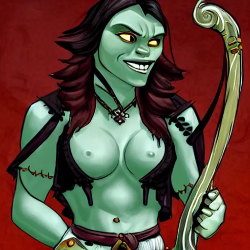 Image similar to liza minlelli daydreams about her dungeons and dragons character, a half orc bard who looks like her