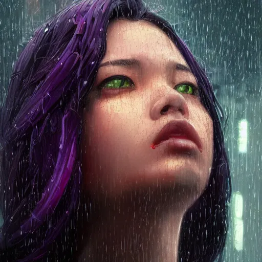 Prompt: very detailed masterpiece painting of a very beautiful wet asian young cyberpunk woman with dark purple hair, cyberpunk background, raining, closeup, portrait, artstation, concept art by greg rutkowski
