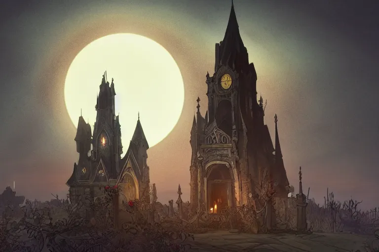 Image similar to an ultra detailed animation of a candle in a graveyard at midnight on halloween, digital art, dark fantasy, concept art, soulslike, by alphonse mucha, blood moon eclipse, ruined building in the background, artstation, 8 k, unreal engine render