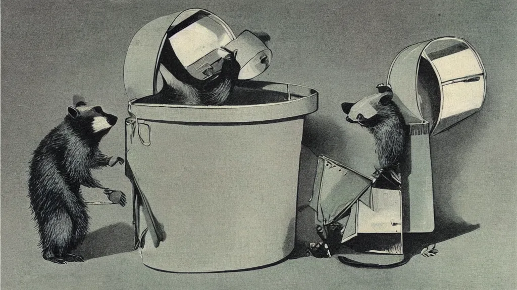 Prompt: A vintage scientific illustration from the 1970s of a raccoons digging through a trash can René Magritte