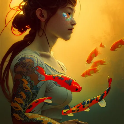 Image similar to Portrait of a lost cyborg girl surrounded by glowing Koi fish, face, fantasy, intricate, elegant, highly detailed, digital painting, artstation, concept art, smooth, sharp focus, illustration, art by Krenz Cushart and Artem Demura and alphonse mucha