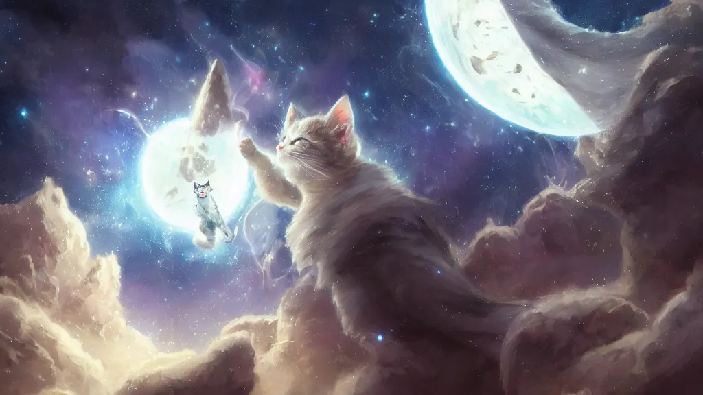 Image similar to a single cartoonish kitten dressed as Gandalf floating in space, bright stars, anime, a fantasy digital painting by Greg Rutkowski and James Gurney, trending on Artstation, highly detailed