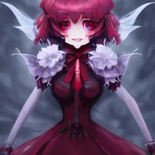 Image similar to beautiful digital art of remilia scarlet, red eyes, full round face, evil smile, spooky setting, medium shot, mid-shot, hyperdetailed, pixiv, trending on Artstation, Unreal Engine 4k