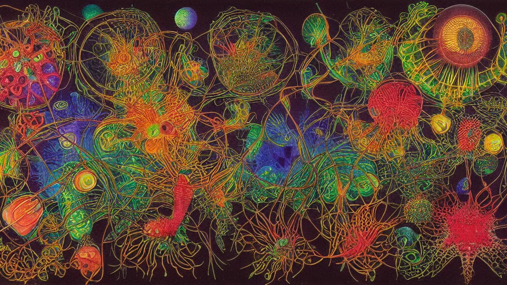 Prompt: quantum connections represented as symbiotic organisms like cells playing around with colorful lights by ernst haeckel, lightfull