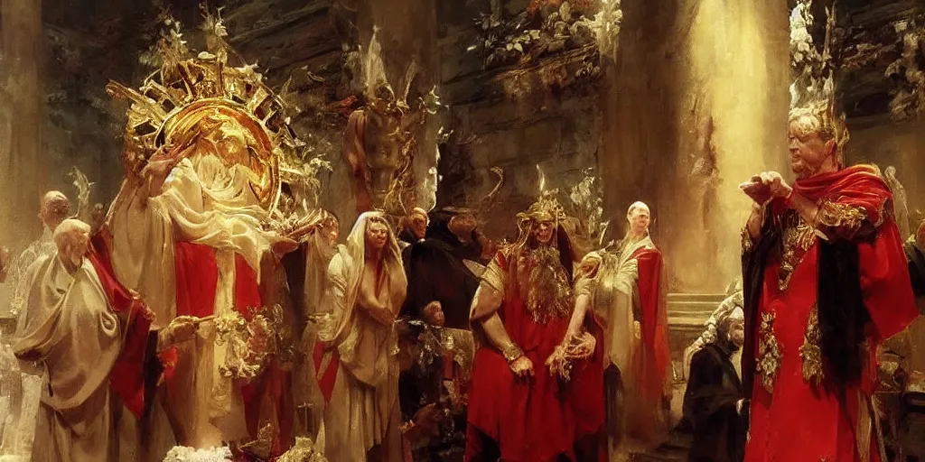 Image similar to beautiful oil painting, steve buscemi in royal crimson robes enthroned as the god emperor of ancient rome a golden wreath upon his head, by anders zorn, wonderful masterpiece by greg rutkowski, beautiful cinematic light, american romanticism, by thomas lawrence, greg rutkowski