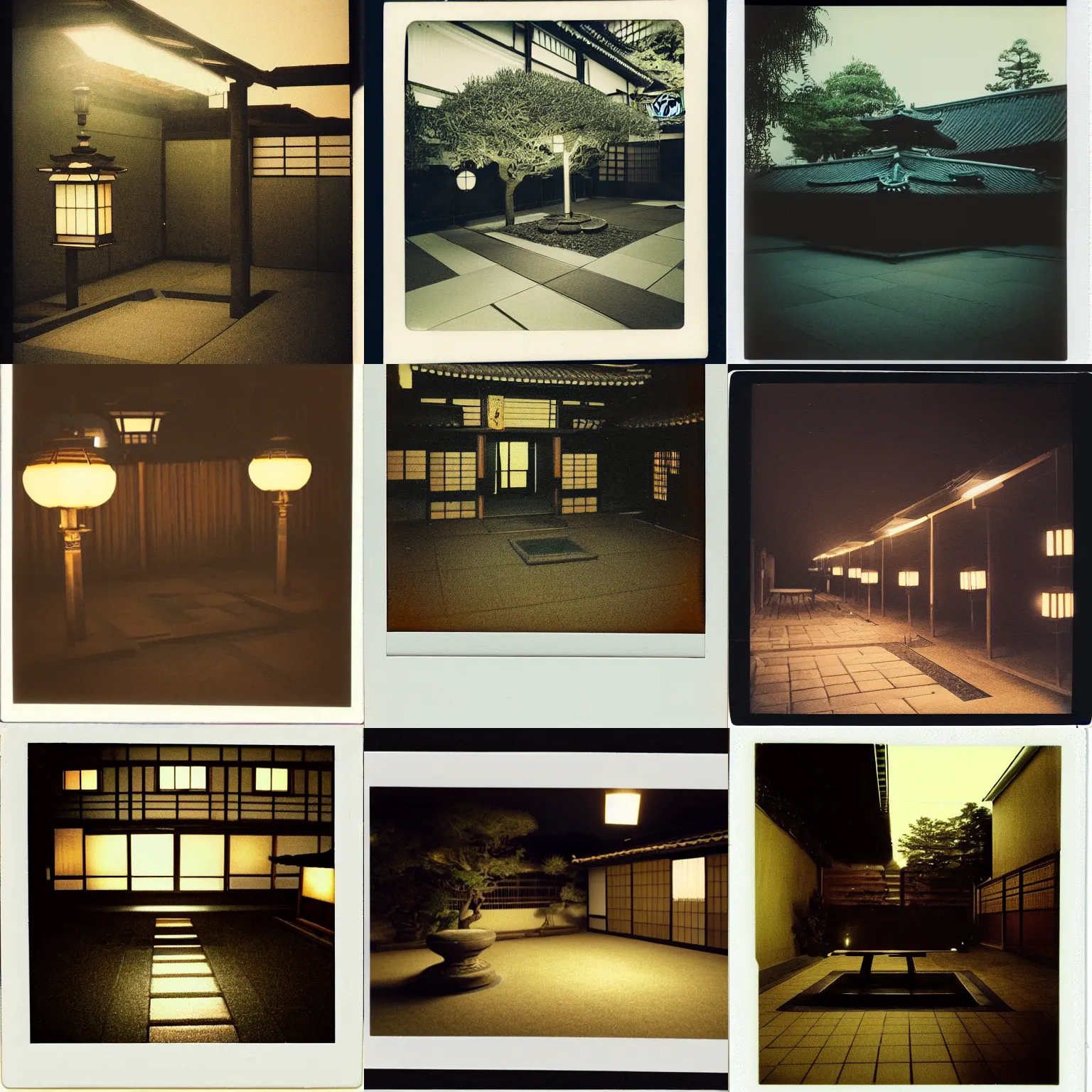 Prompt: atmospheric polaroid photograph of japanese courtyard at night, illuminated by lamps