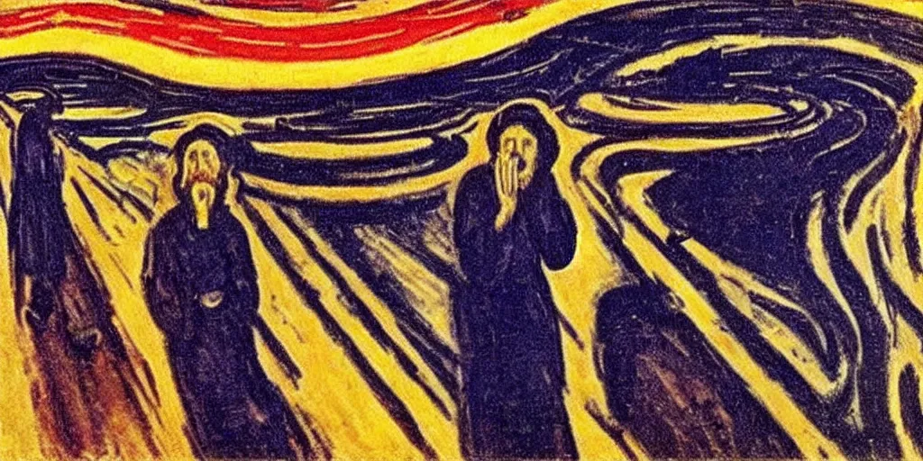 Prompt: killing biblical Matthew with loud yells in an apocaliptic environment, expressionist, art by Edvard Munch