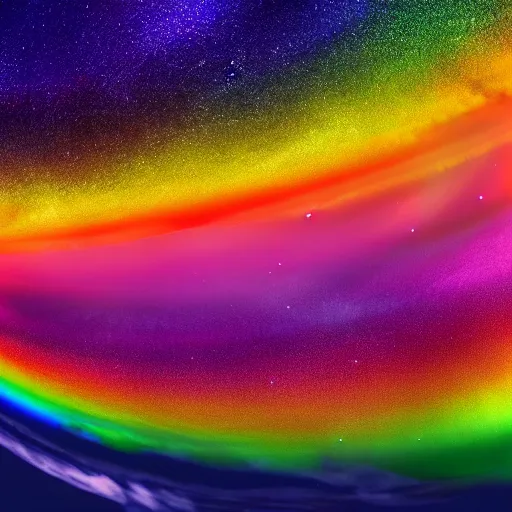 Image similar to professional art of a rainbow connected to an aurora borealis, 4 k, 8 k, hd, high quality, highly detailed