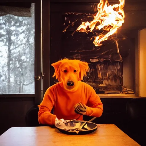 Image similar to a photograph of an orange humanlike dog in his house, sitting relaxed at a table, ☕ on the table, surrounded by flames and fire, smoke above him