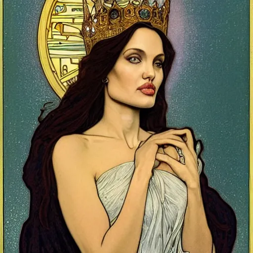 Prompt: angelina jolie portrait by louis - theophile hingre and alphonse mucha, realistic, sharp focus, zodiac signs, tarot cards, planets, ethereal, art nouveau, magic, moon, sun, crown, dreamy, royal, jewellery