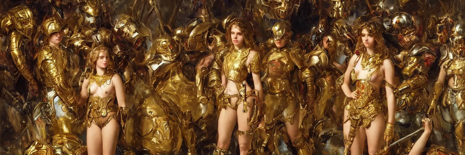 Image similar to a single young girl wearing a gold armor standing in a battlefirld, surrounded by dead bodies, extremely realistic and highly detailed painting by gaston bussiere and j. c. leyendecker 8 k