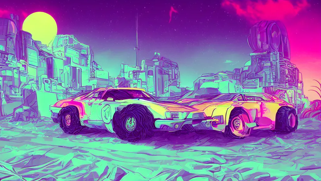 Image similar to an retrowave cyberpunk car on the moon, pastel, colorful, bright, cartoony, digital art