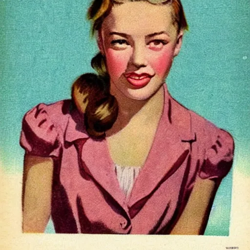 Image similar to “Sydney Sweeney portrait, color vintage magazine illustration 1950”