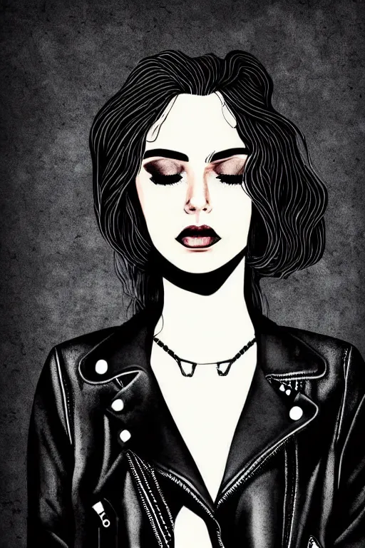 Prompt: dreamy rock girl, black leather jacket, detailed acrylic, grunge, perfect lighting. professional design. great composition, illustration