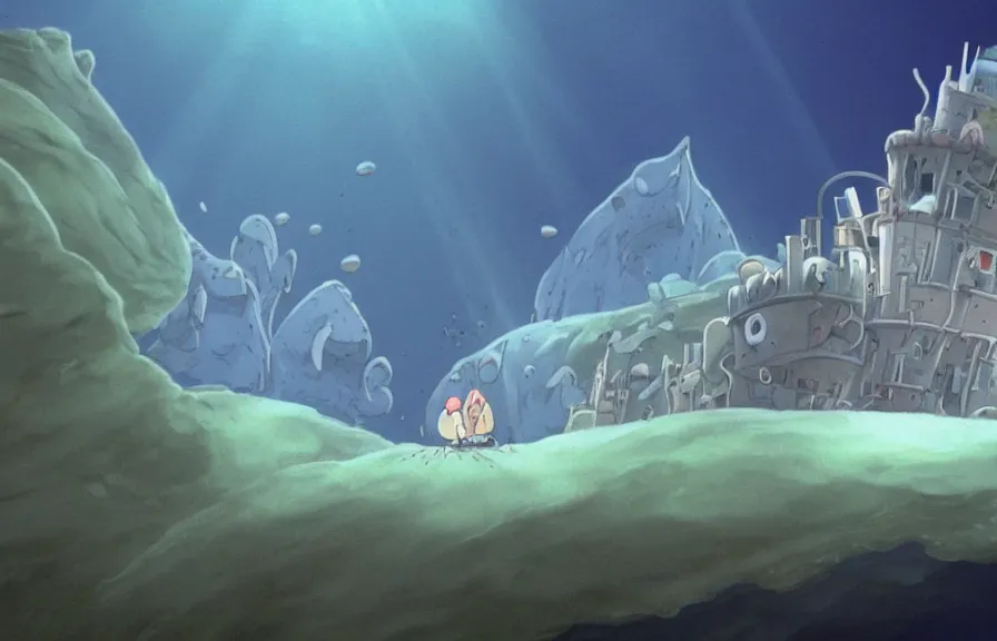 Image similar to a realistic cell - shaded cartoon from howl's moving castle ( 2 0 0 4 ) showing a white pristine pyramid underwater at the bottom of the sea. a submarine is in the ground and shafts of sunlight come from above. wide shot, very dull muted colors, hd, 4 k, hq