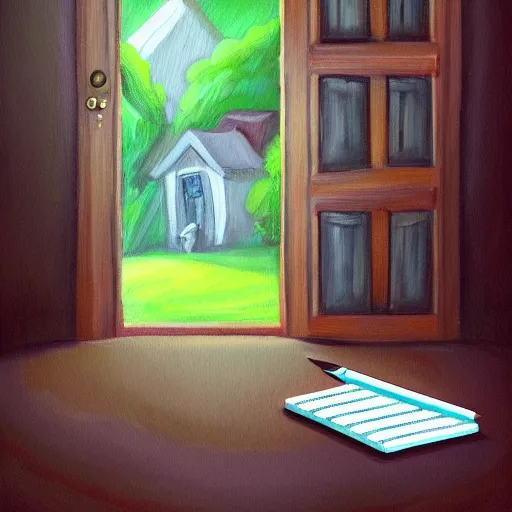 Image similar to a painting of a notepad that is also a door to a cottage in the woods, trending on artstation, detailed digital art, aesthetic!!!!,