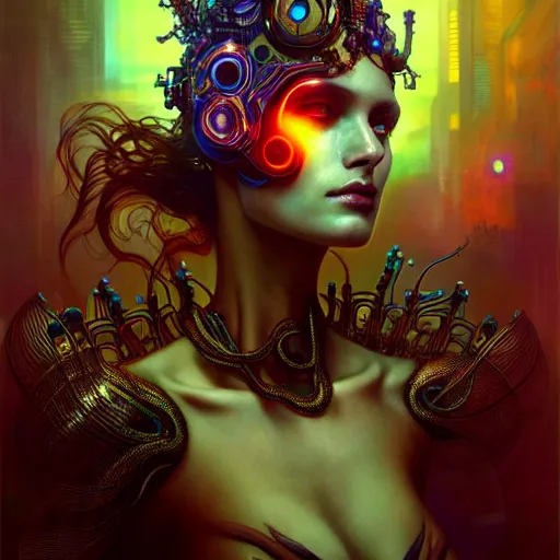 Image similar to extremely psychedelic beautiful cyborg queen of virus infected by night. intricate, elegant, highly detailed, extremely lifelike photorealistic digital painting, artstation. steichen, gaston bussiere, tom bagshaw, cyberpunk alphonse mucha. elegant minimalism. anatomically correct. sultry. sharp focus. surreal lush hallucination