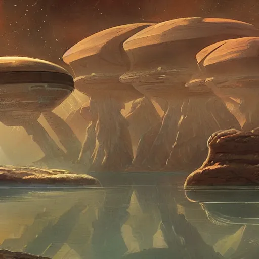Image similar to a serene alien landscape by doug chiang