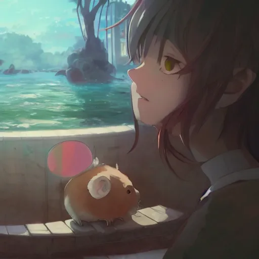 Image similar to a crying hamster, illustration concept art anime key visual trending pixiv fanbox by wlop and greg rutkowski and makoto shinkai and studio ghibli and kyoto animation symmetrical facial features