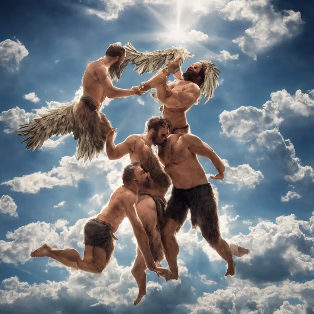 Prompt: hairy strongman angels kissing in the sky, photography, sunrays, clouds, high resolution, highly detailed, epic