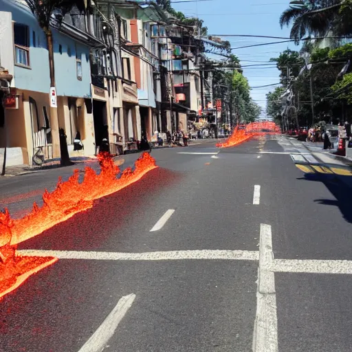 Image similar to streets filled with lava, suburban hot sunny day