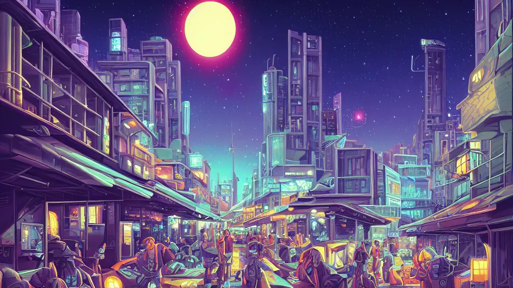 Prompt: the busy city street looking towards the spaceport at night by cyril rolando and naomi okubo and dan mumford