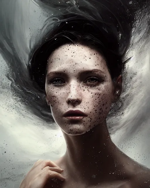 Image similar to olivia swirling into a water tornado that turns into a dress, half body portrait, 3 d animation, black hair, freckles, pale skin, photo by greg rutkowski, female beauty, intricate detail, elegance, sharp shapes, soft lighting, masterpiece