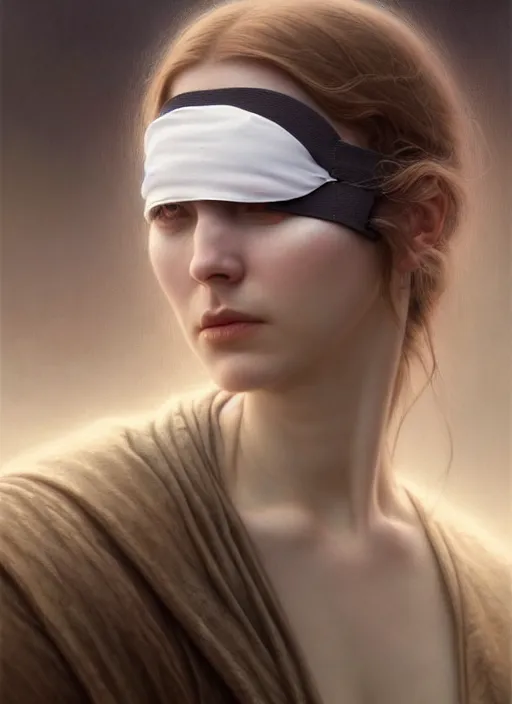 Prompt: closeup portrait shot of a pale woman with blindfold in a scenic dystopian environment, intricate, elegant, highly detailed, centered, digital painting, artstation, concept art, smooth, sharp focus, illustration, artgerm, tomasz alen kopera, peter mohrbacher, donato giancola, joseph christian leyendecker, wlop, boris vallejo