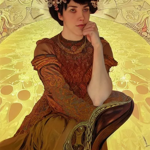 Image similar to condescension of a proud queen to a servant kneeling before her, yellow eyes, sitting in a chair while posing for a photo, highly detailed, digital painting, artstation, concept art, smooth, sharp focus, illustration, art by artgerm and alphonse mucha, high definition digital art, in the style of ilya kuvshinov and Ross tran