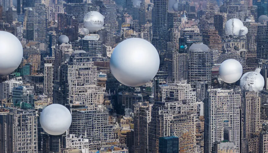 Prompt: dozens of giant metallic white spheres float above the skyline of a large city