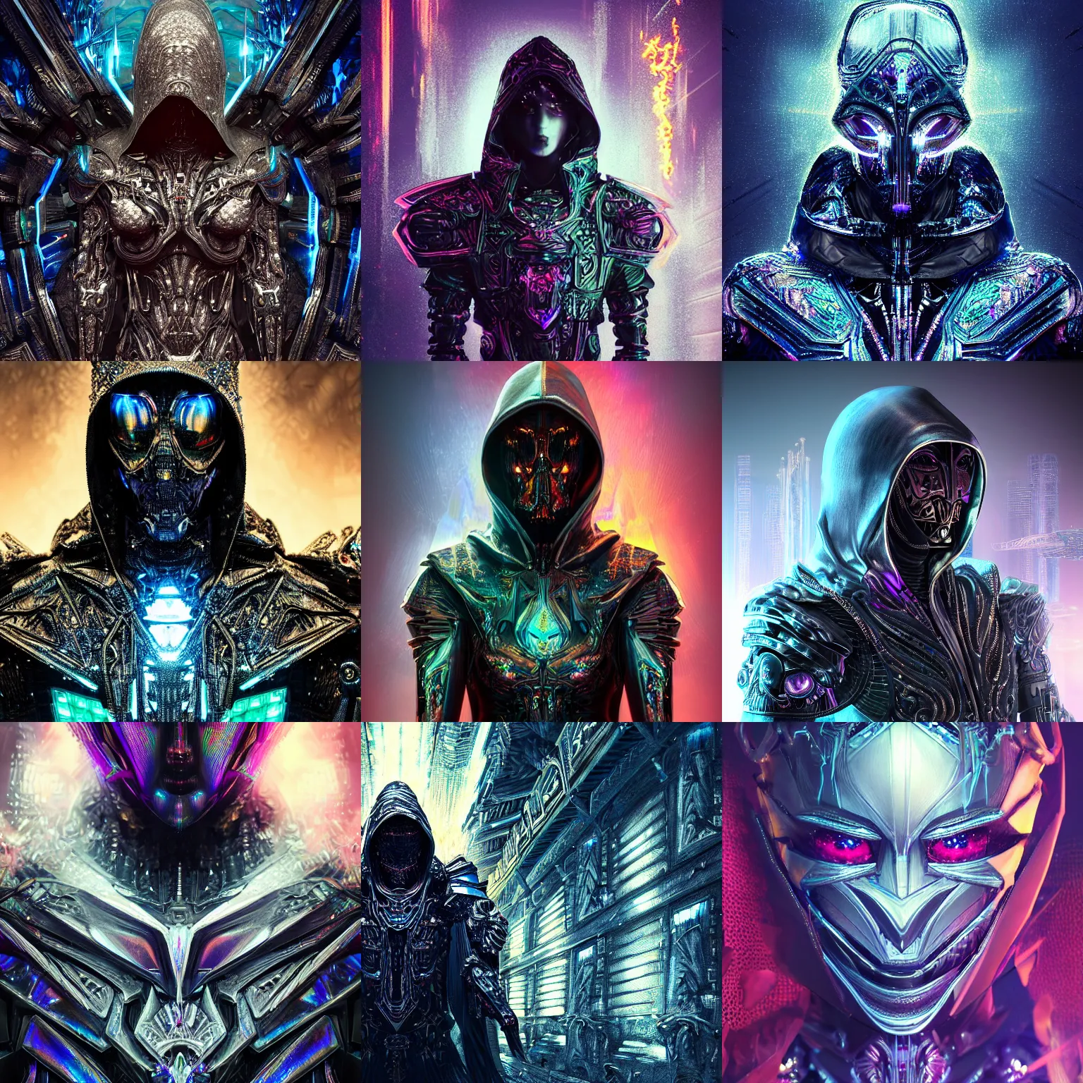 Prompt: Ultra realist and ultra intricate dark detailed painting of an powerful hooded armor iridescent assassin king, human face biomechanical complex body, 3D render, symmetry, rich style, glowing iridescent sparks and smoke behind, crystallic cyberpunk megastructure background, precious opals, artstation, colorful, badass, dark ominous stealth, unreal render, depth of field