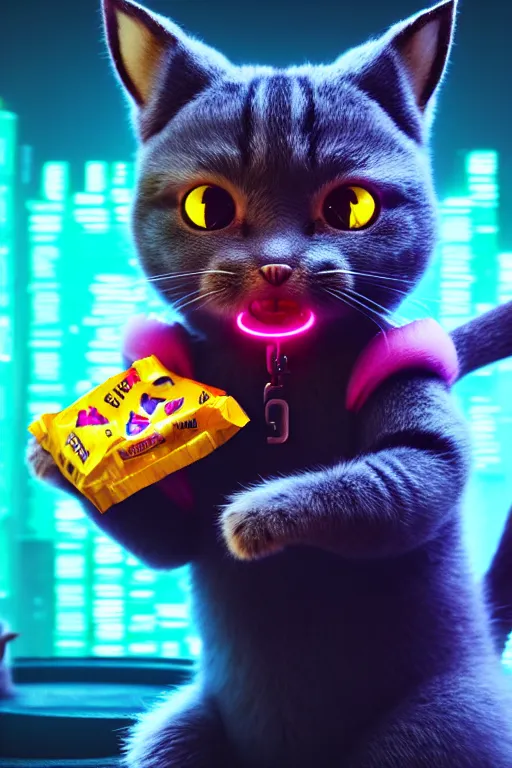 Prompt: high quality 3 d render very cute cyborg cat eating candy, cyberpunk highly detailed, unreal engine cinematic smooth, in the style of blade runner & detective pikachu, hannah yata charlie immer, moody light, low angle, uhd 8 k, sharp focus