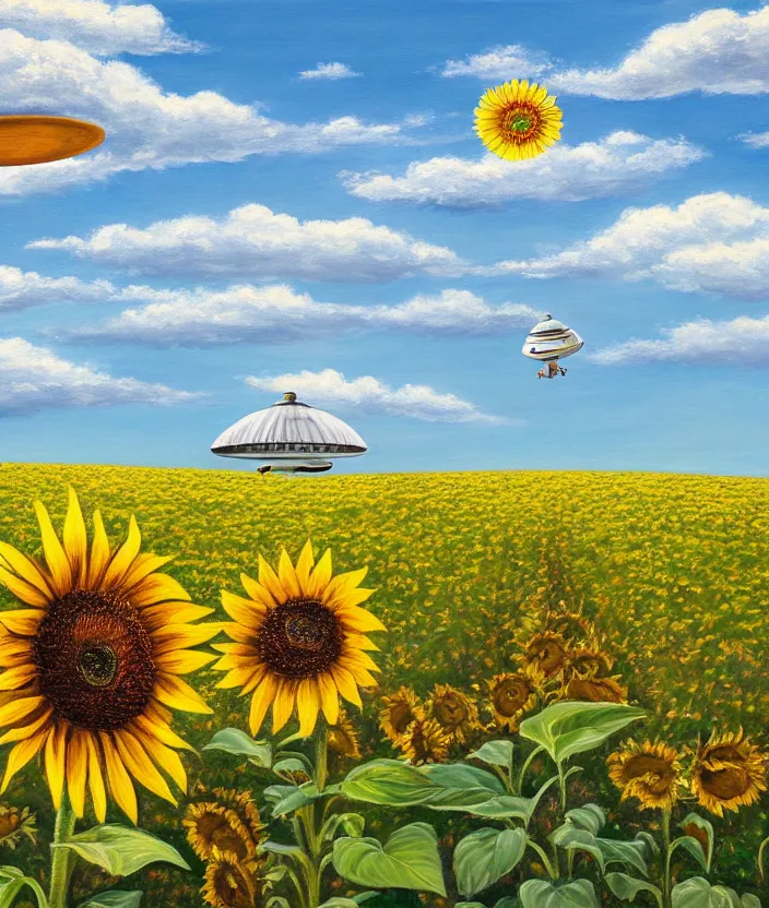 Prompt: a highly detailed painting of a sunflower field and an ufo abducting a cow, very fine brush strokes, baby blue sky with aesthetic clouds, 4 k,