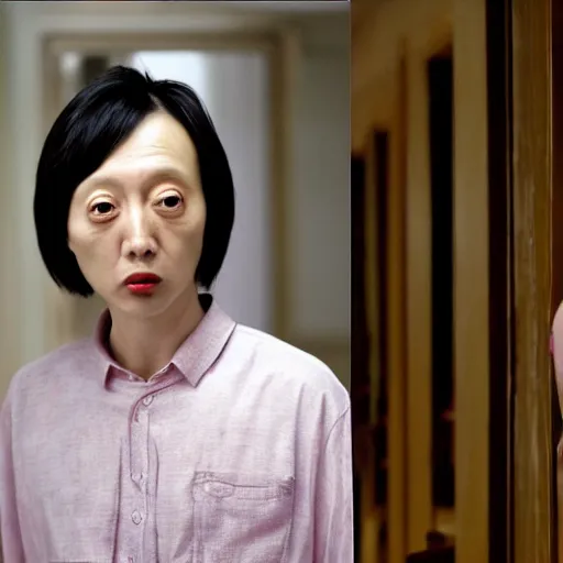 Image similar to ceo of binance changpeng zhao as shelley duvall in the shining movie, axe