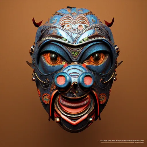 Image similar to a steampunk tribal mask, japanese pottery, vivid colors, wood, metal, intricate details, trending on cgsociety, concept art, glowing eyes, sharp focus, ultra realistic details, cinematic atmosphere, global illumination, shadows, octane render, 8 k