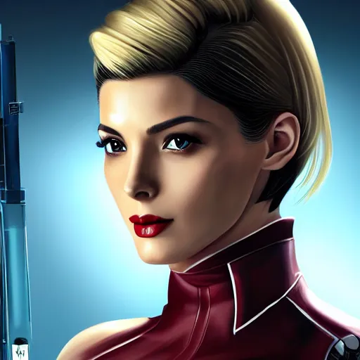 Image similar to A combination of Ada Wong's and Grace Kelly's and Ashley Greene's appearances with blonde hair wearing Warframe armor, high tech, action shot, angular, full body portrait, futuristic, dramatic, fantasy, intricate, elegant, highly detailed, digital painting, artstation, concept art, matte, sharp focus, illustration, 8K, art by Donato Giancola and James Gurney