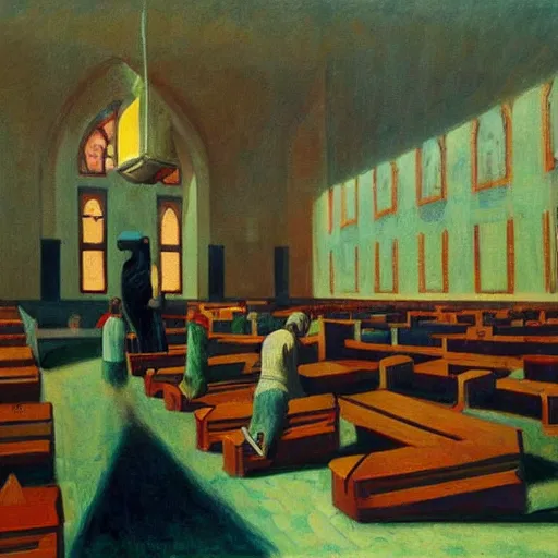 Image similar to apocalyptic scene,prayer,occult,refugees,mosque synagogue interior,gas masks,geometric art,patina,edward hopper