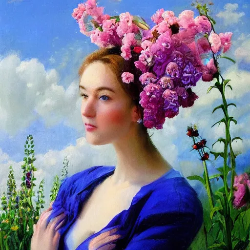 Image similar to a portrait of a romantic woman with flowers grow out of hair, roses peonies forget-me-nots dahlias lupins gladioli, sky theme in background, by Alexandr Averin, Digital Art, Trending on artstation