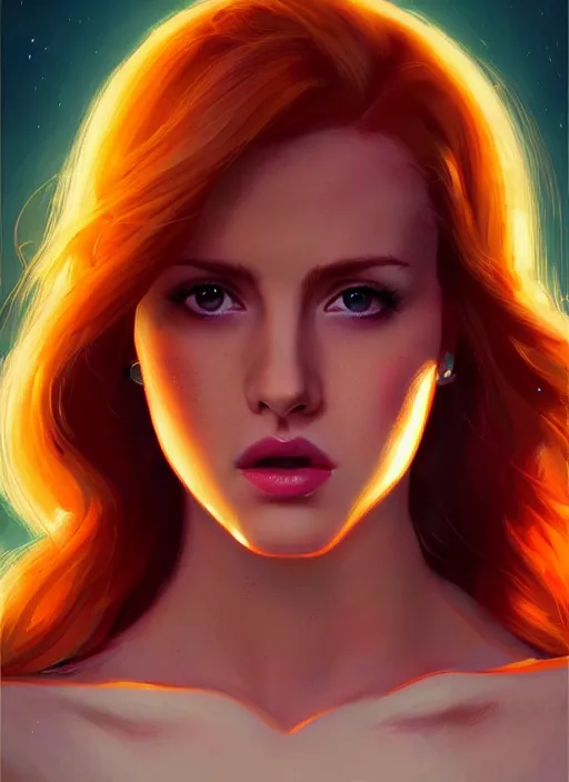 Image similar to full body portrait of teenage cheryl blossom, bangs, green eyes, mischievous expression, red hair, sultry smirk, bangs and wavy hair, intricate, elegant, glowing lights, highly detailed, digital painting, artstation, concept art, smooth, sharp focus, illustration, art by wlop, mars ravelo and greg rutkowski