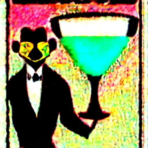 Image similar to a man holding a martini with an otter swimming in it while the otter gives a thumbs up in a 1 9 2 0 s advertisement poster