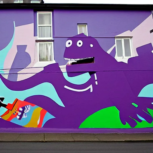 Prompt: belfast mural of barney the dinosaur holding an ak - 4 7