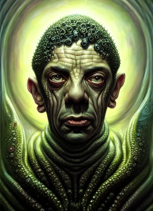 Prompt: lovecraft biopunk portrait of rowan sebastian atkinson, cthulhu, by tomasz alen kopera and peter mohrbacher