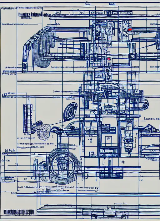 Image similar to blueprint of a machine to travel at speed lights, info detailed, details and instructions in english, clear details, 4 k resolution scan