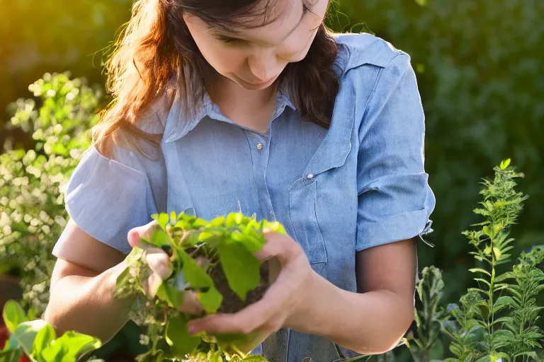 Prompt: a beautiful young woman working in the garden at golden hour, canon EOS, 8k