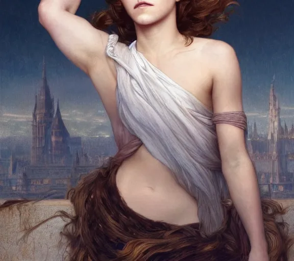 Image similar to photography of emma watson with hands - up and hairy armpits, deep focus, intricate, elegant, highly detailed, digital painting, artstation, concept art, matte, sharp focus, illustration, art by artgerm and greg rutkowski and alphonse mucha and gil elvgren