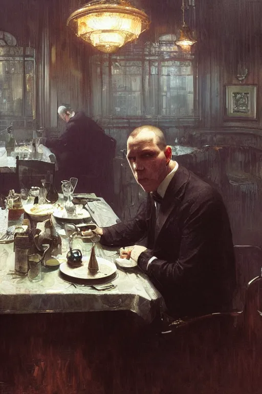 Image similar to , h p lovecraft eating soup at the victorian dining room hyperrealistic portrait, bladerunner street, art of elysium by jeremy mann and alphonse mucha and greg rutkowski, fantasy art, photo realistic, dynamic lighting, artstation, poster, volumetric lighting, very detailed face, 4 k, award winning